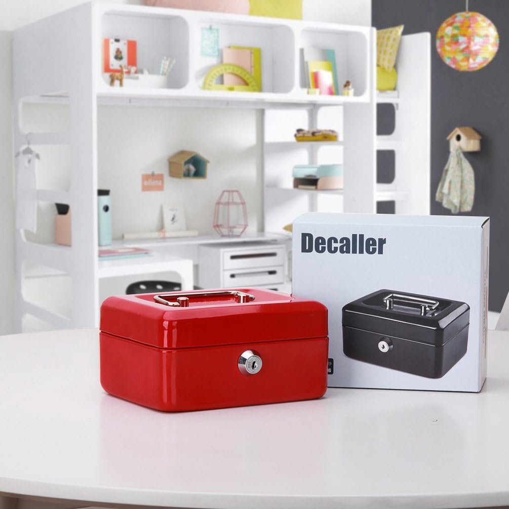 Decaller – Caja de efectivo pequeña con cerradura de llave, portátil de metal con doble capa y 2 llaves para seguridad, rojo, 15,7 x 12,7 x 7,62 cm,