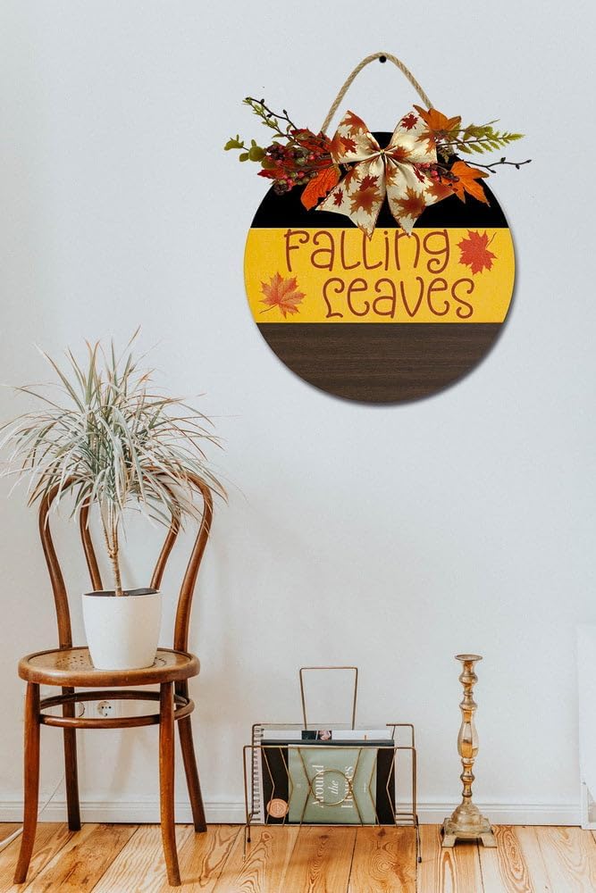 Letrero de hojas de otoño para puerta delantera, coronas divertidas, decoración de placa de madera rústica, redonda, decoración de porche de madera