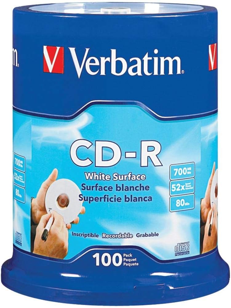Verbatim CD-R Discos en blanco de 700 MB 80 minutos 52 discos grabables para datos y música con superficie blanca en blanco – Paquete de 100 unidades