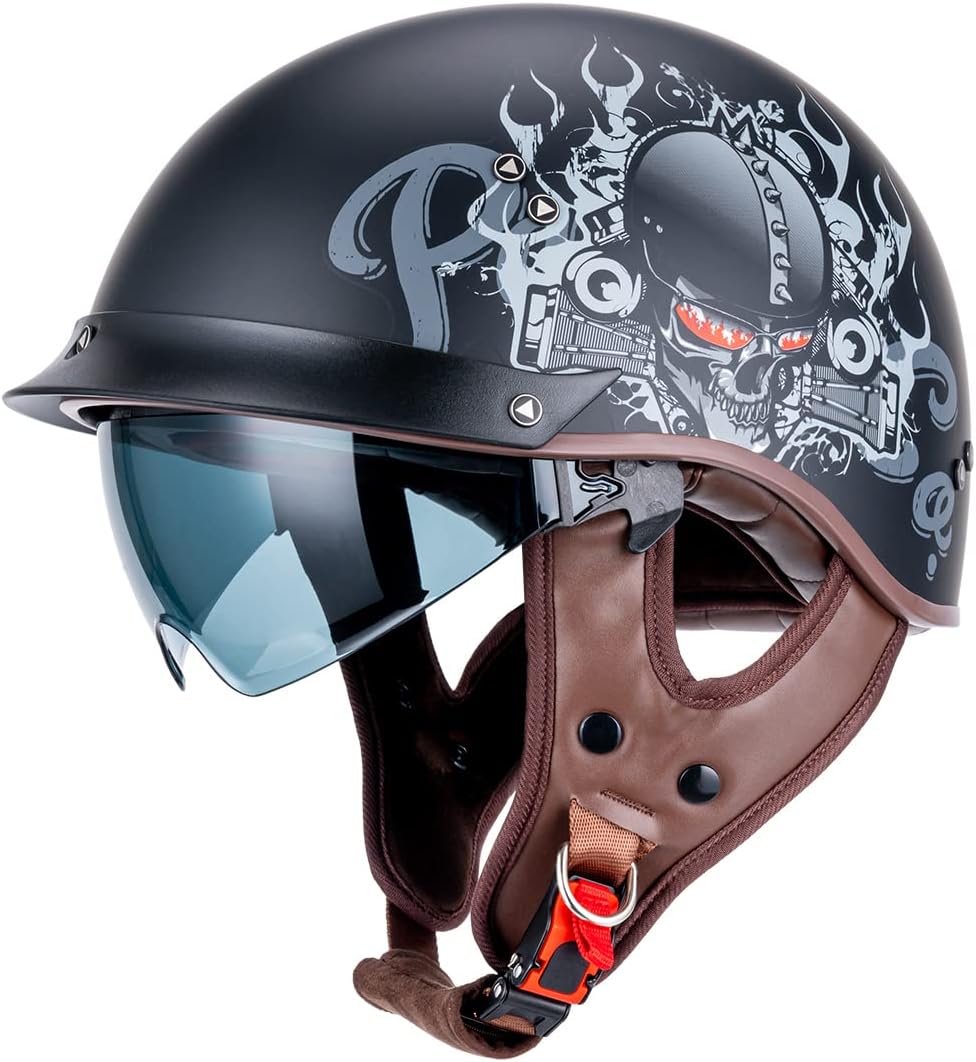 Medio casco de motocicleta para hombres, mujeres y adultos, aprobado por puntos, casco vintage de media cara con visera transparente adicional y