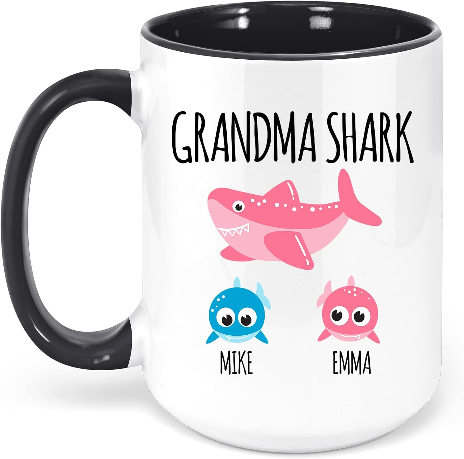 Taza de tiburón de abuela  Taza personalizada para abuela  Taza personalizada para nana  Regalo de nietos  Taza de café con nombres de niños 15 oz