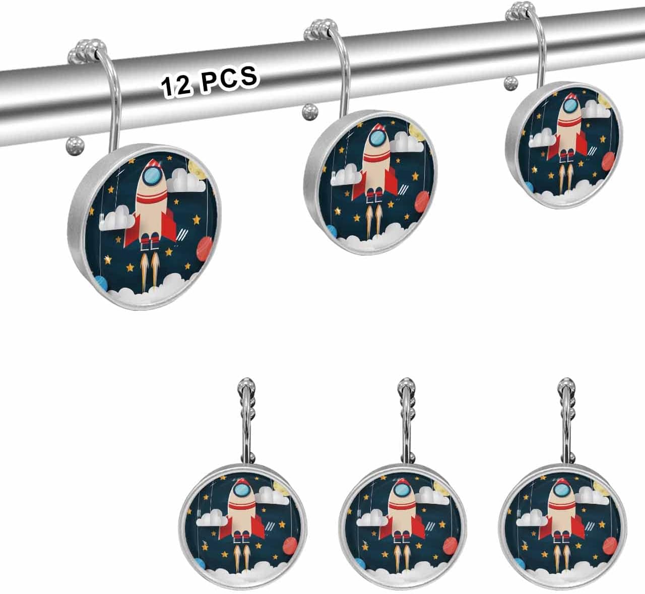 Ganchos para cortina de ducha, temática espacial, bonito patrón de cohete y planeta, anillos de cortina de ducha de acero inoxidable con bolas