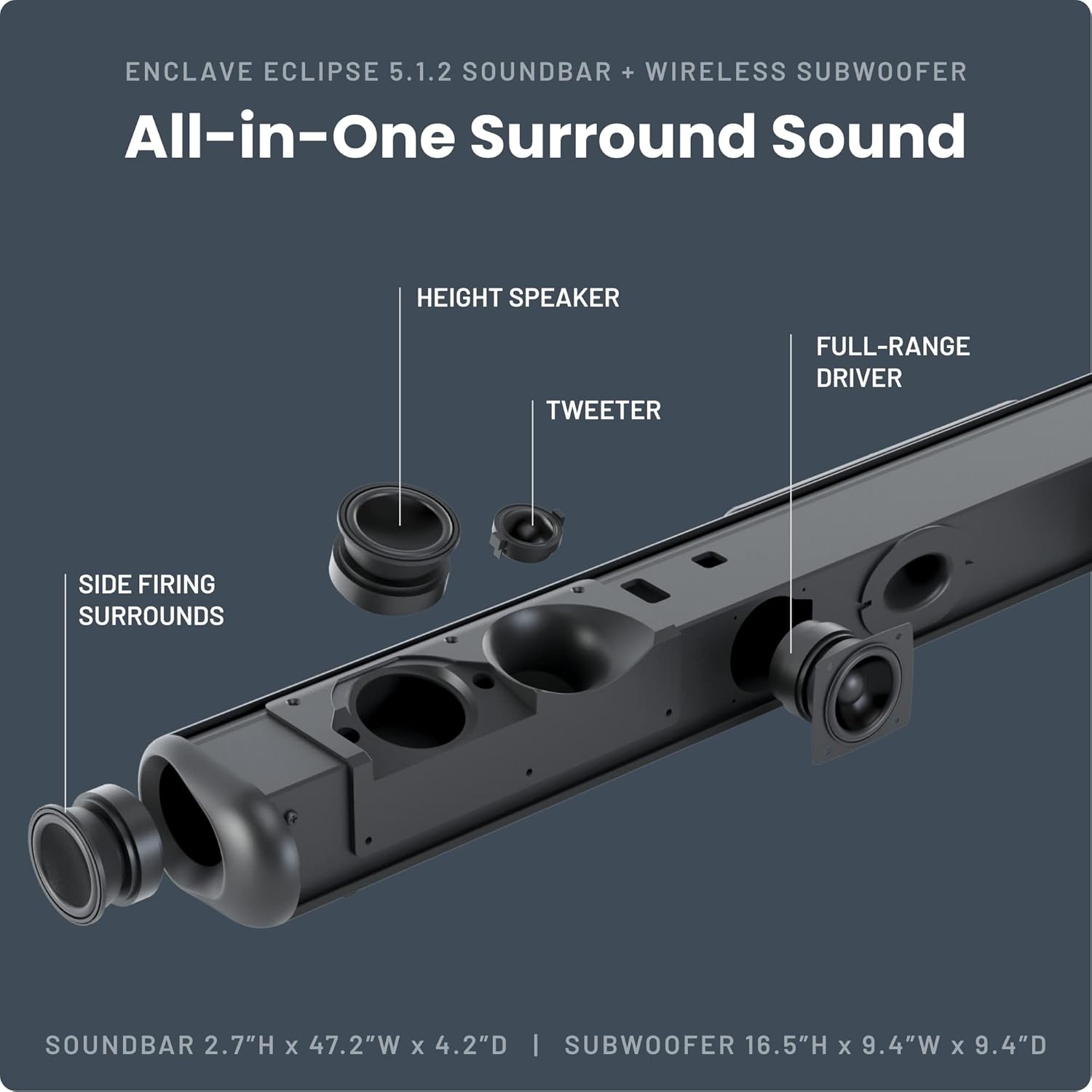 Enclave Eclipse 5.1.2 Dolby Atmos Barra de sonido con subwoofer inalámbrico de 8 pulgadas, incluye 11 controladores personalizados y subwoofer de 8