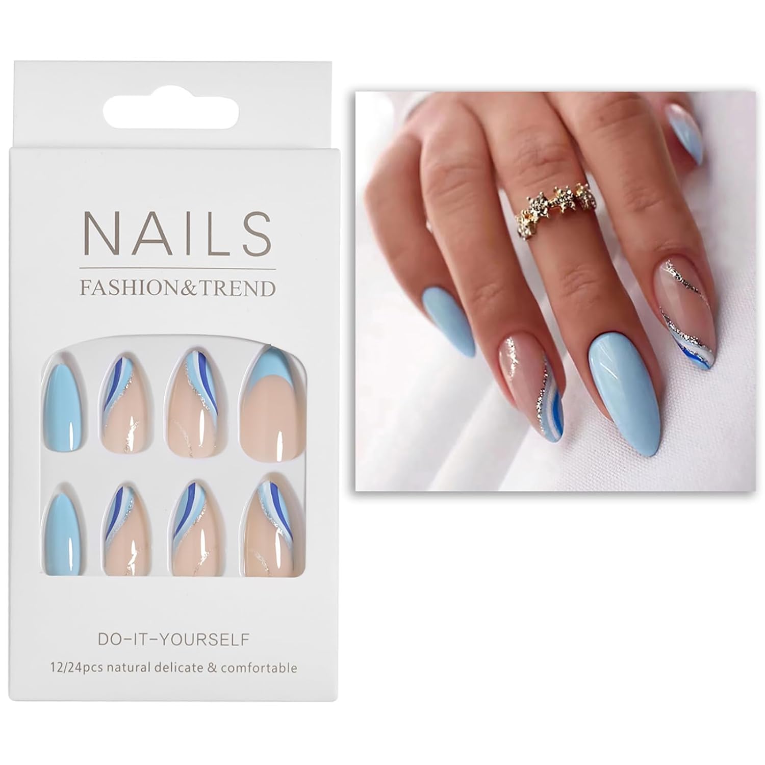 Uñas postizas azules a presión con punta francesa, uñas postizas medianas con diseño de brillantina de cobertura completa, uñas acrílicas