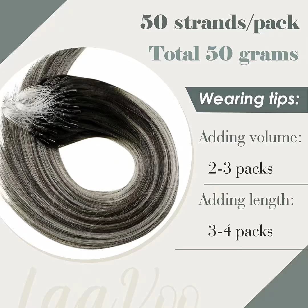 LaaVoo – Extensiones de pelo lacio con micro-anillos con amarre de silicón, pre-atadas, fusión fría, 100 % cabello humano real Remy, 0.04ozmechón,