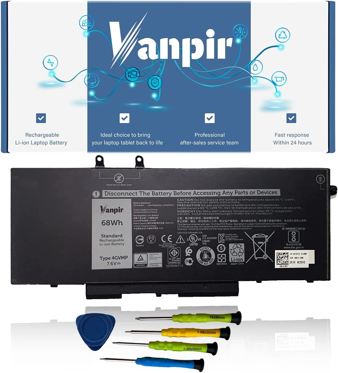 Batería para portátil 4GVMP, 7.6 V 68 Wh, compatible con Dell Latitude 5400 5500 Precision 3540 3550 Inspiron 7590 7591 7791 2 en 1 Series Notebook