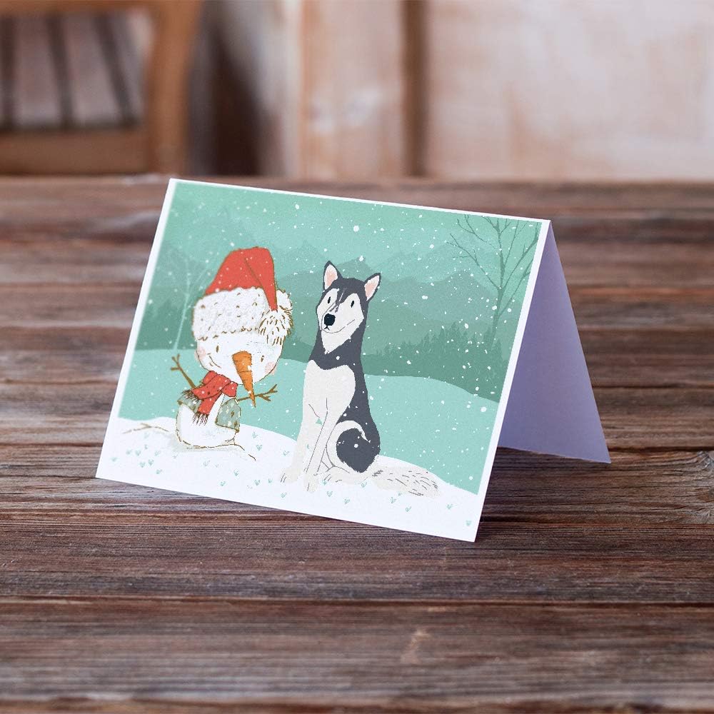 Caroline’s Treasures CK2046GCA7P Tarjetas de felicitación y sobres de Navidad de Husky Siberian Snowman Paquete de 8 tarjetas en blanco con sobres,