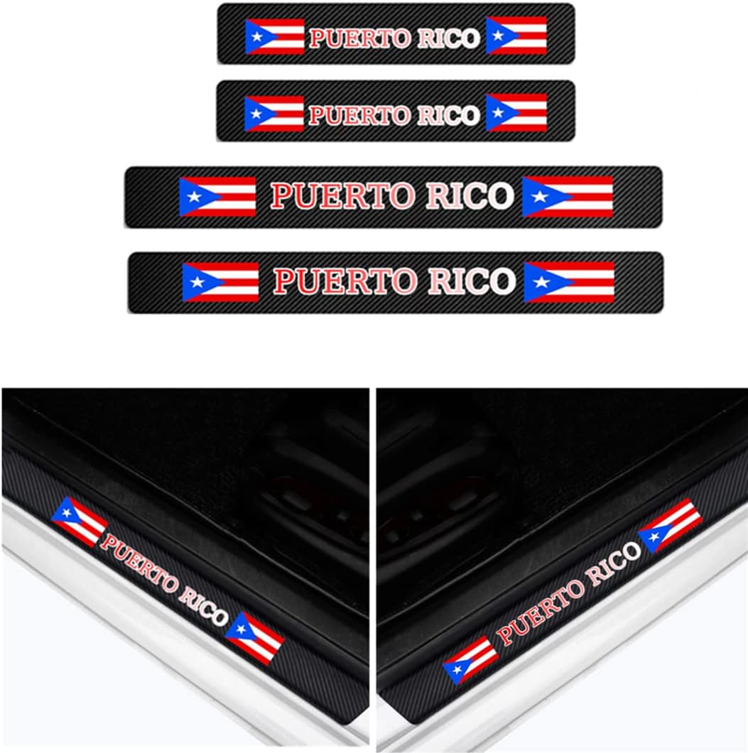 4 unidades de protectores de placa de umbral de puerta delanteratrasera de fibra de carbono con bandera de Puerto Rico, calcomanía decorativa para