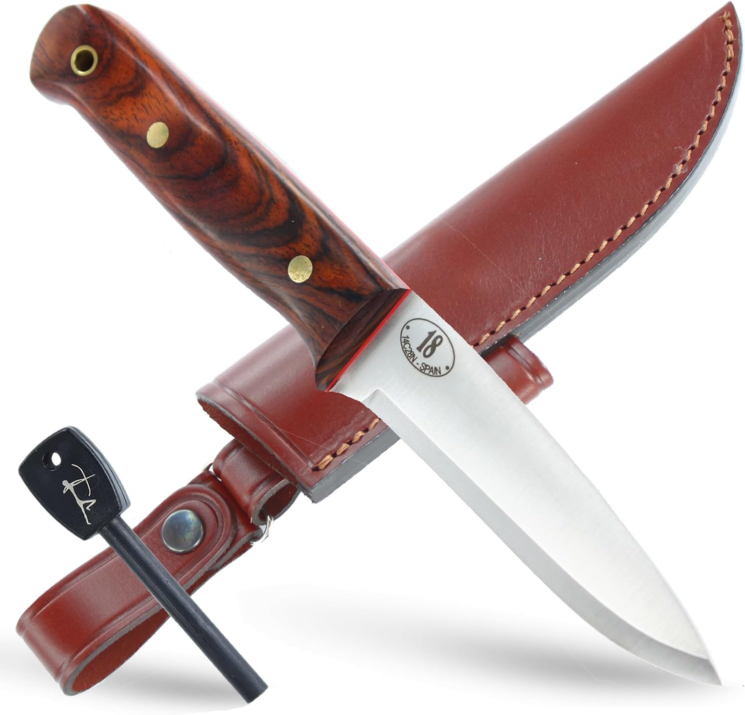 JEO-TEC N18 Bushcraft Survival Hunting – Cuchillo táctico de hoja fija, 9 pulgadas en total, mango de madera de cocobolo, funda de cuero +