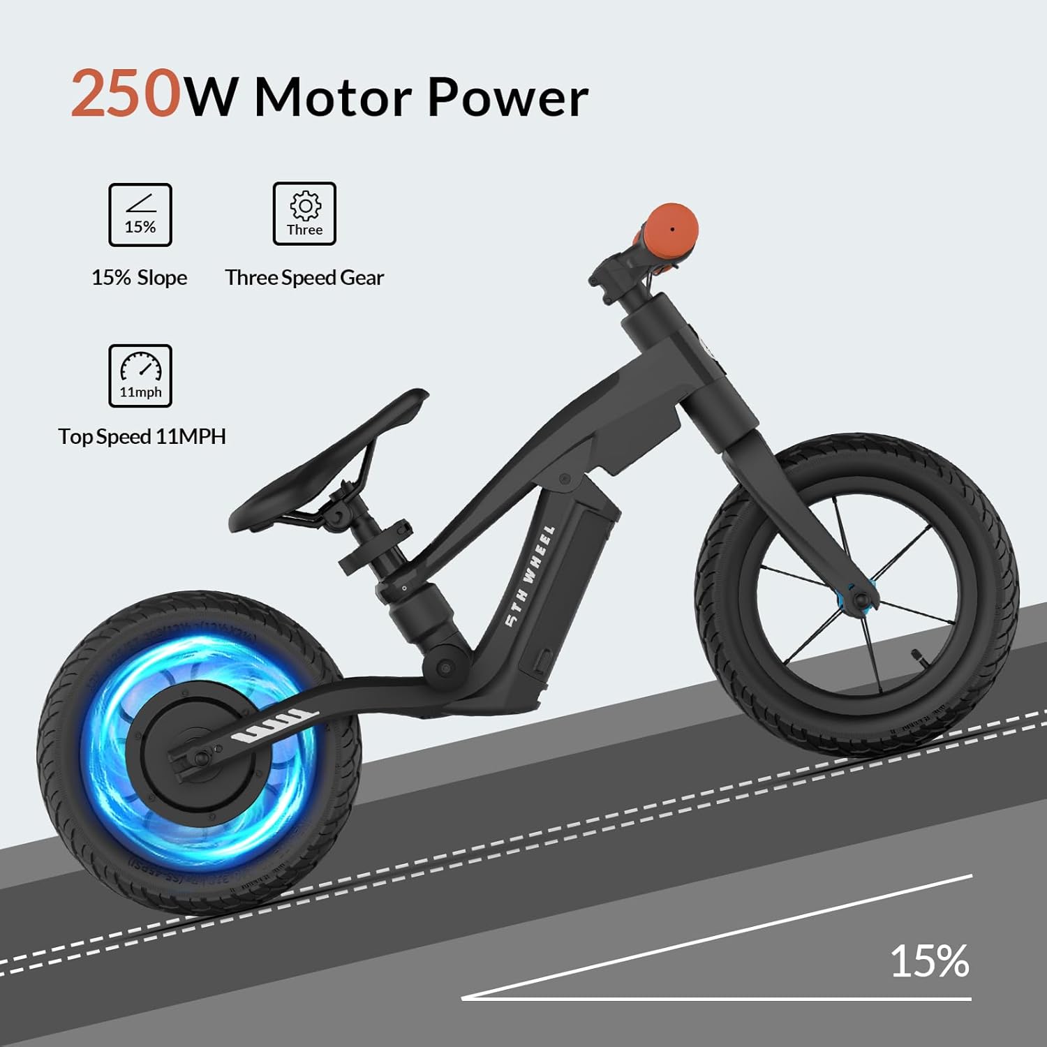 5TH WHEEL K8 Bicicleta eléctrica para niños, bicicleta de equilibrio eléctrica de 250 W de 3 a 5 años de edad, motocicleta eléctrica para niños con