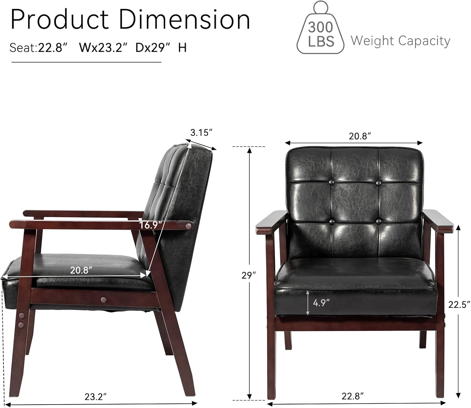 Okeysen Silla decorativa moderna de mediados de siglo, silla auxiliar retro de madera y cuero, cómoda silla de lectura para sala de estar,