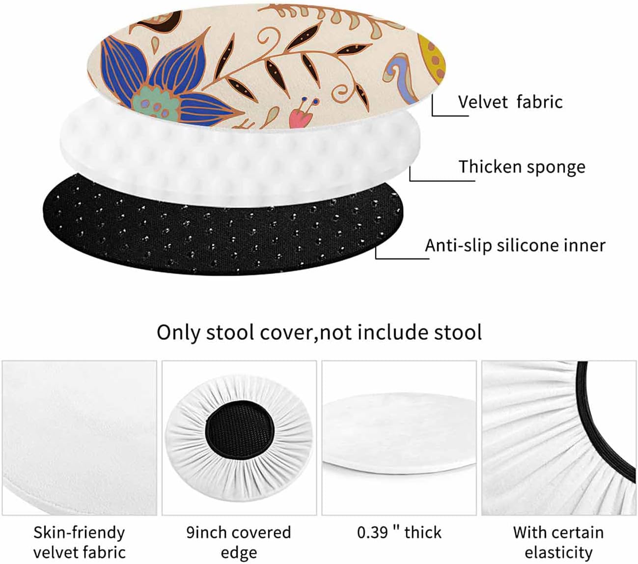 Swono Funda de cojín acolchada para silla de bar redonda con tela elástica, funda de cojín redonda para asiento de silla, funda de terciopelo suave