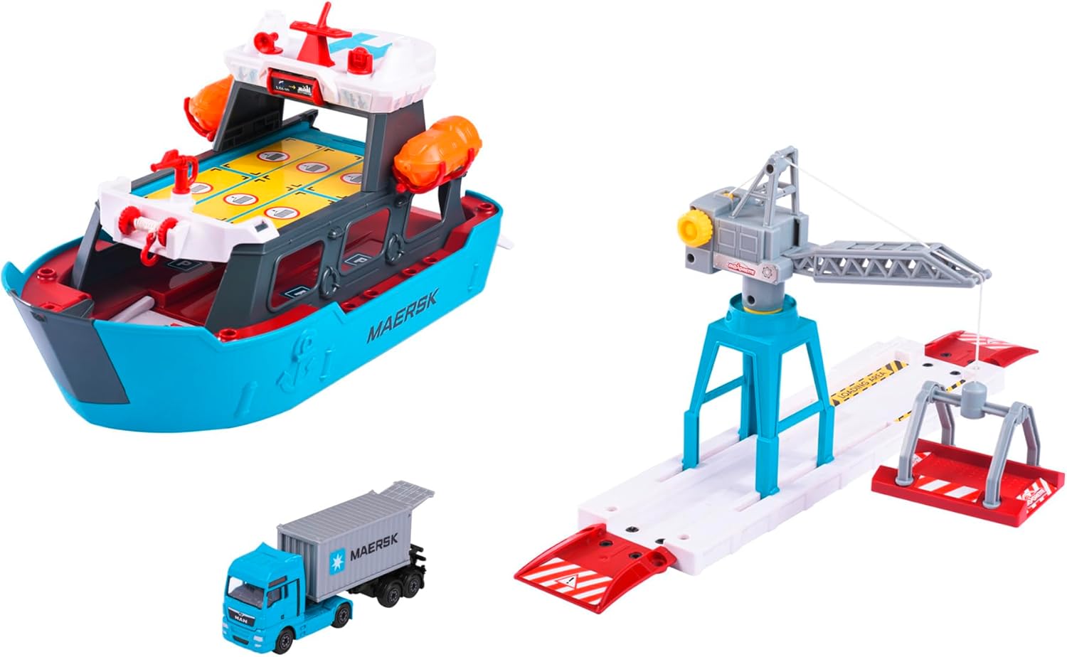 Majorette – Creatix Toy Port with Container Ship – Maersk Logistics Port Station (45 x 29 x 24 cm) with Cargo Ship, Moving Crane and Man Truck with