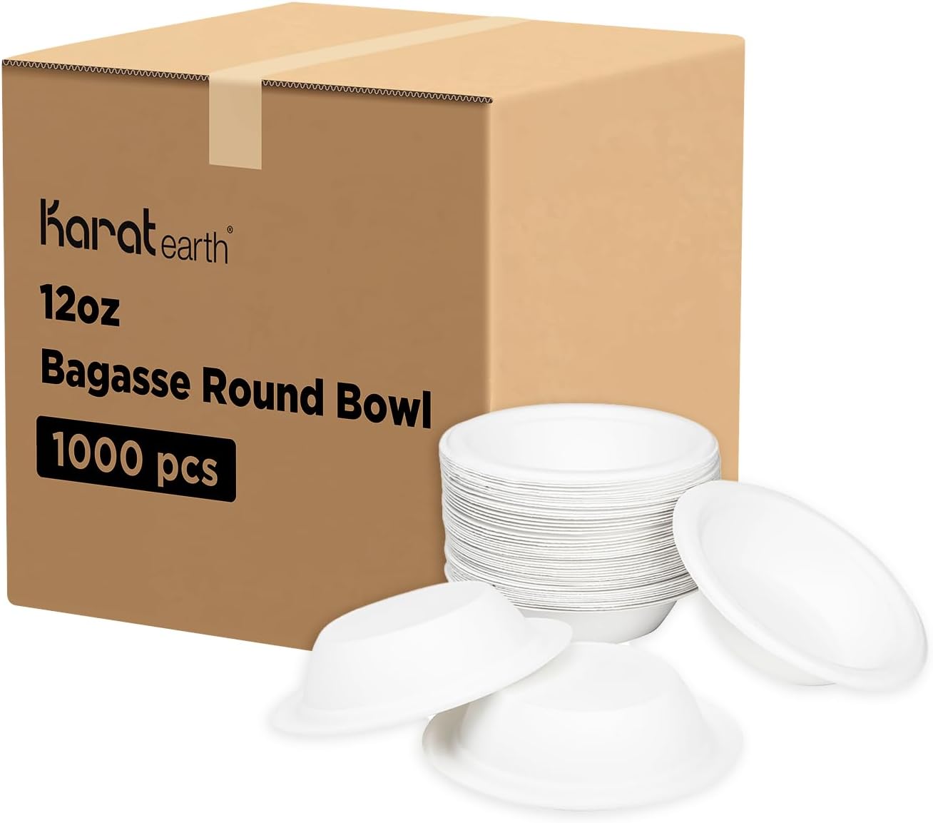 KARAT EARTH KE-BBR12-1CFF PFAS – Cuenco redondo de bagazo desechable compostable ecológico de 12 onzas, 1 compartimento, color blanco, caja de 1000