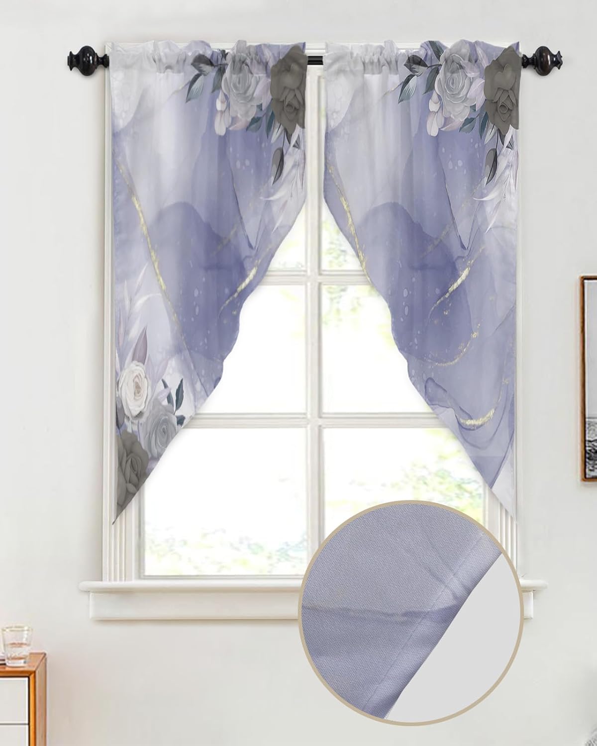 Cortina con estampado de flores en mármol morado, cenefas de cocina, cortinas con bolsillo para barra, par de niveles, con estampado floral de