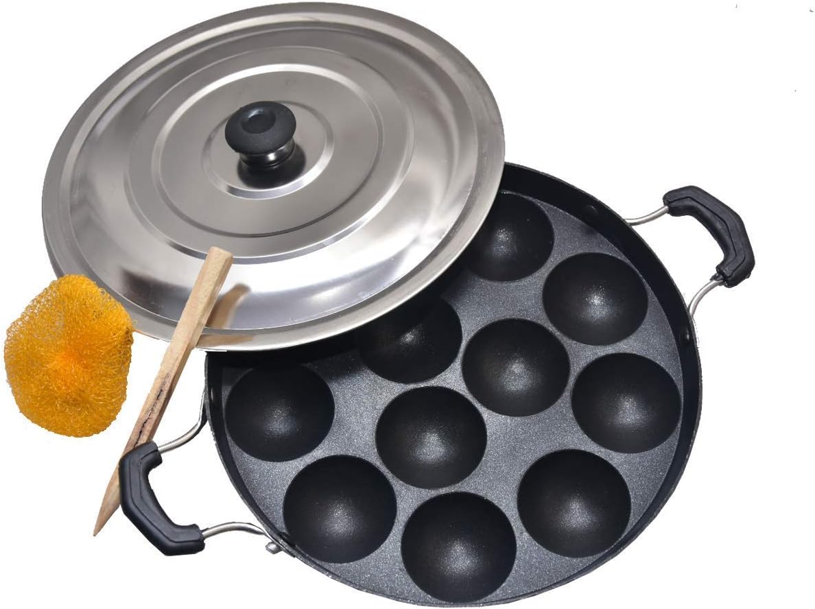 Antiadherente Appam Maker 12 cavidades Appam Patra Pan con 2 asas laterales y tapa de acero inoxidable