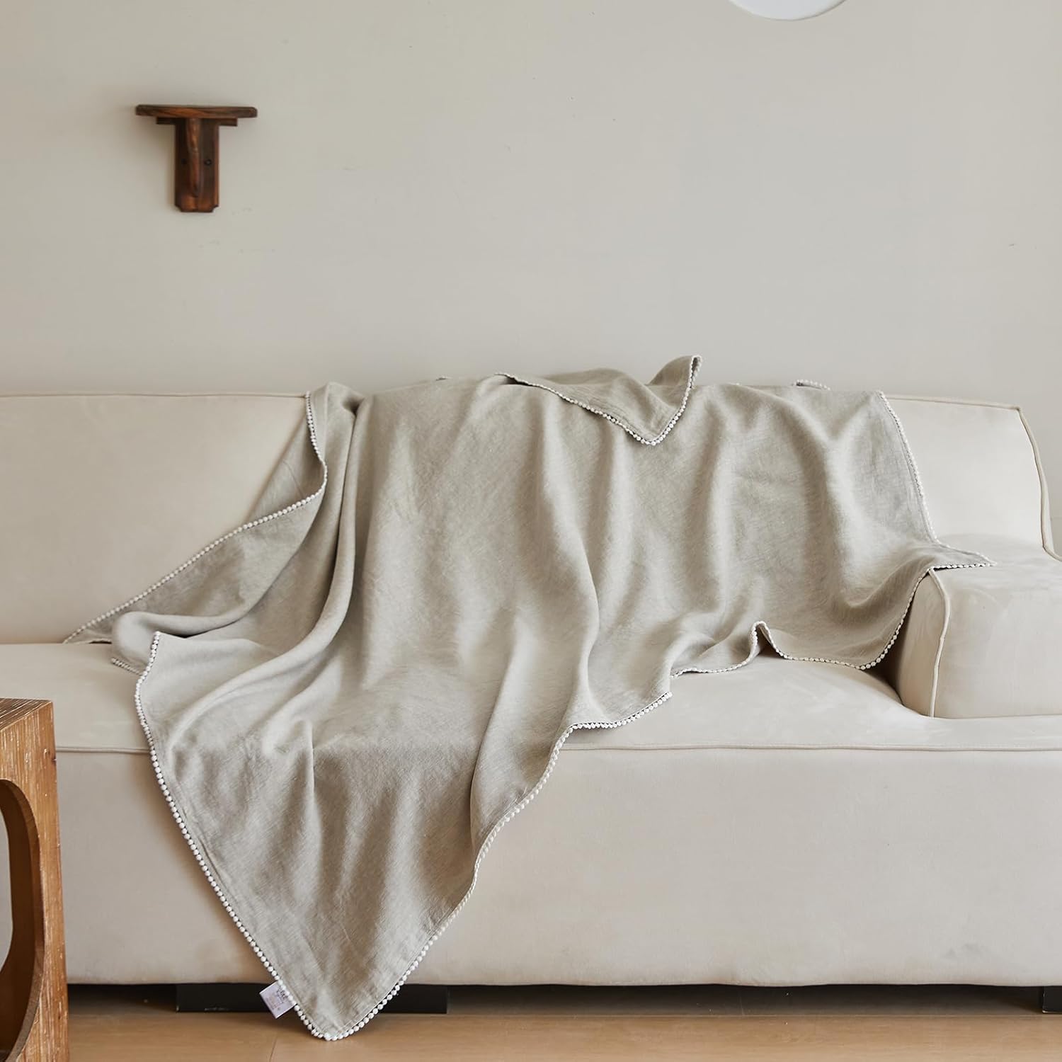 King Linens Manta 100% de lino con encaje de ganchillo para sofá, cama, sofá, regalo, lino natural lavado, color liso, suave, transpirable,