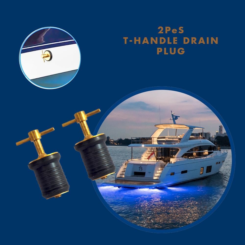 2 tapones de drenaje de neopreno de latón de 1 pulgada para barcos, tapón de drenaje de barco con mango en T, tapón de drenaje de accesorios marinos