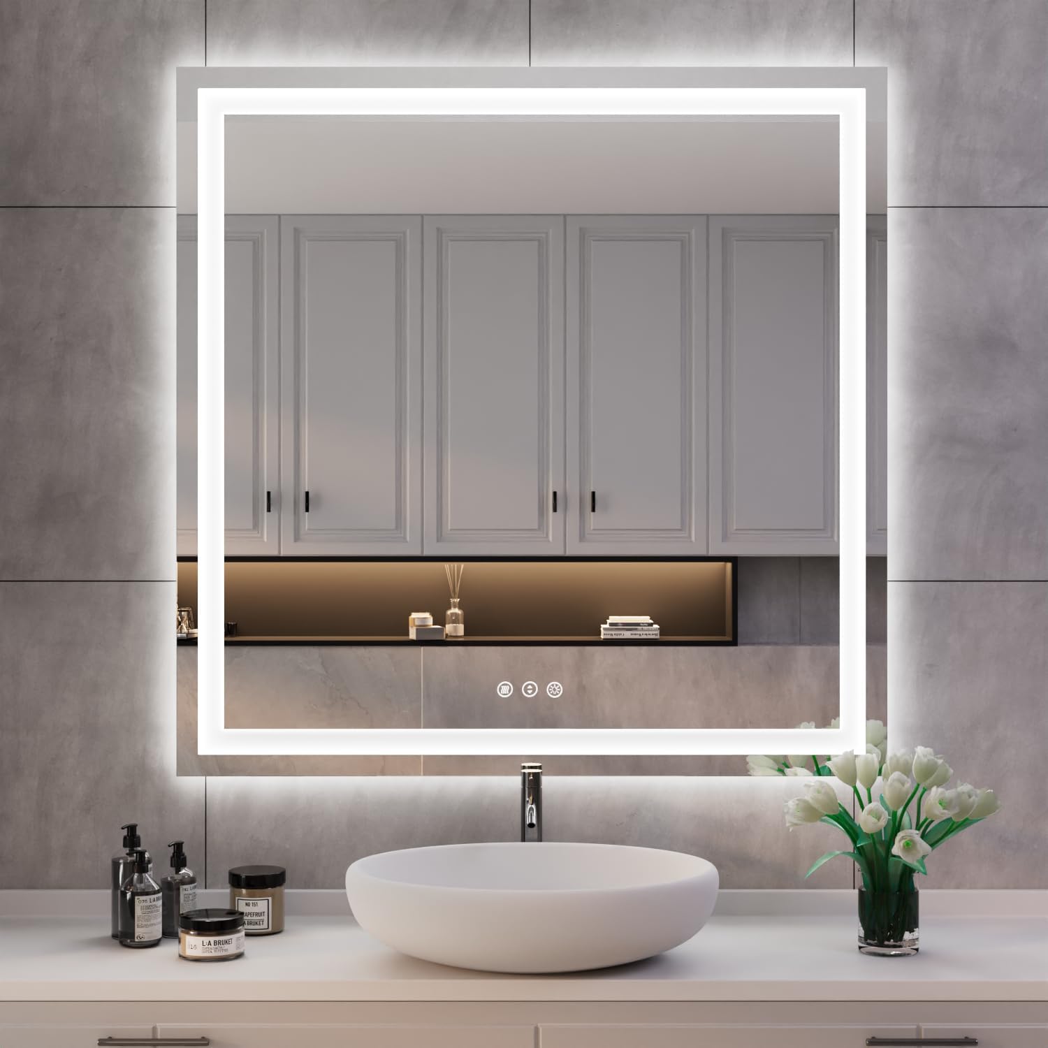 ISKM Espejo de baño LED cuadrado de 38 x 38 pulgadas para baño con luz frontal y retroiluminada, espejo iluminado regulable para pared, vidrio