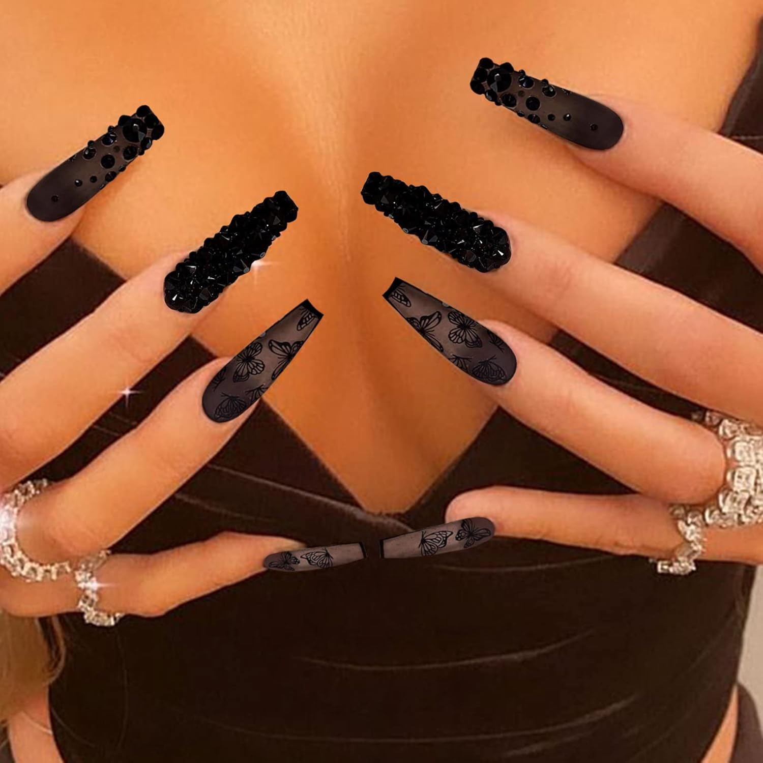 VOTACOS Uñas postizas largas a presión, uñas postizas negras con diamantes de imitación 3D, diseño de mariposa, mate, cobertura completa, uñas