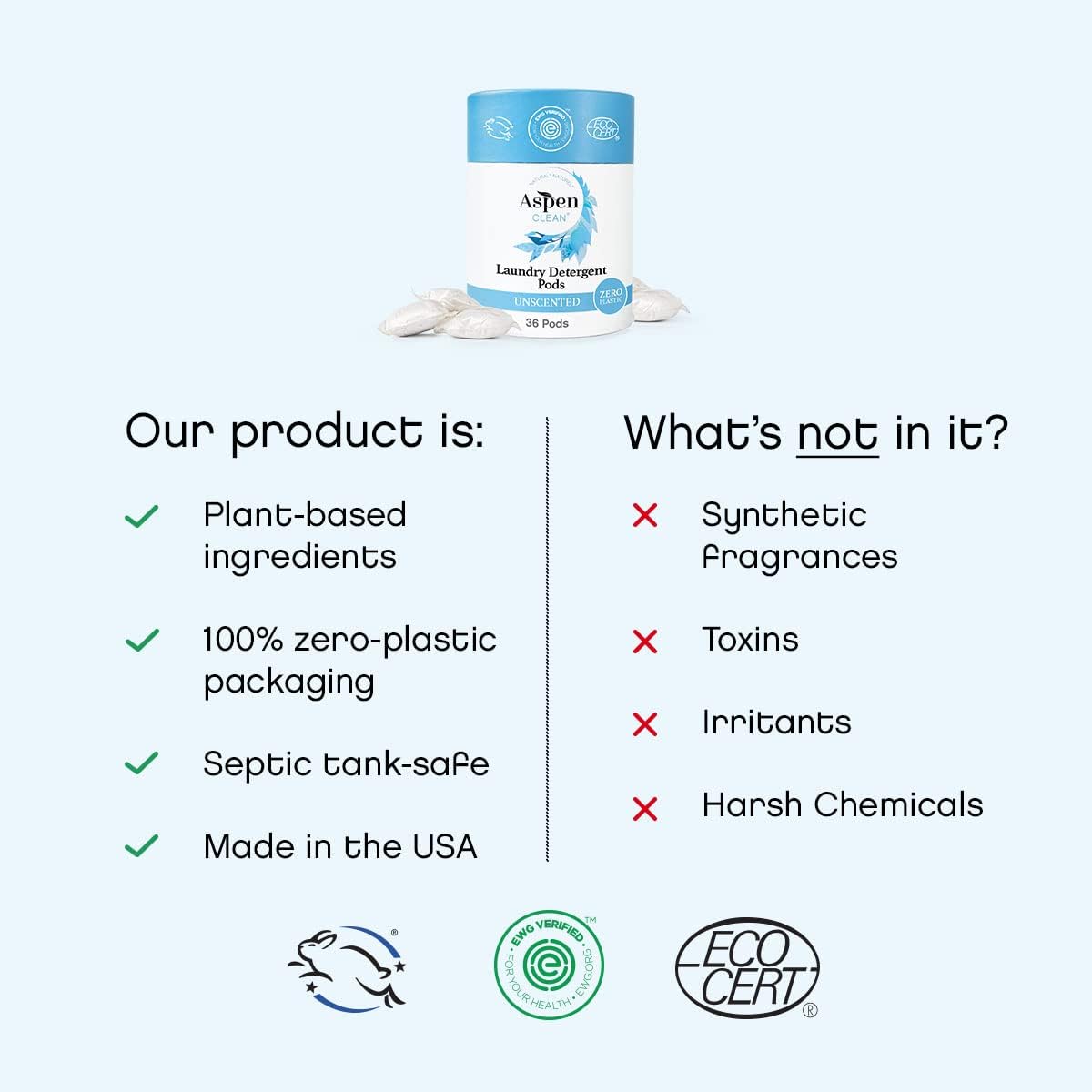 cápsulas de lavandería sin perfume y embalaje mejorado, cero plástico, vegano, detergente natural hipoalergénico para ropa, verificado por EWG – 36