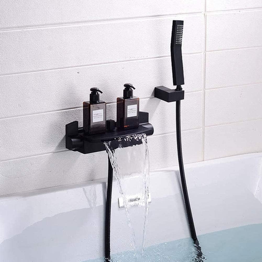 Grifos, mezclador de bañera, cascada, color negro, con ducha, montaje en pared, latón, mezclador de baño, cabezal de ducha, grifo mezclador de