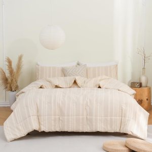 Move Over Juego de edredón de lino tamaño Queen de lino y algodón, juego de edredón de 3 piezas a rayas de mezcla de algodón de lino que absorbe la Move Over Juego de edredón de lino tamaño Queen de lino y algodón, juego de edredón de 3 piezas a rayas de mezcla de algodón de lino que absorbe la