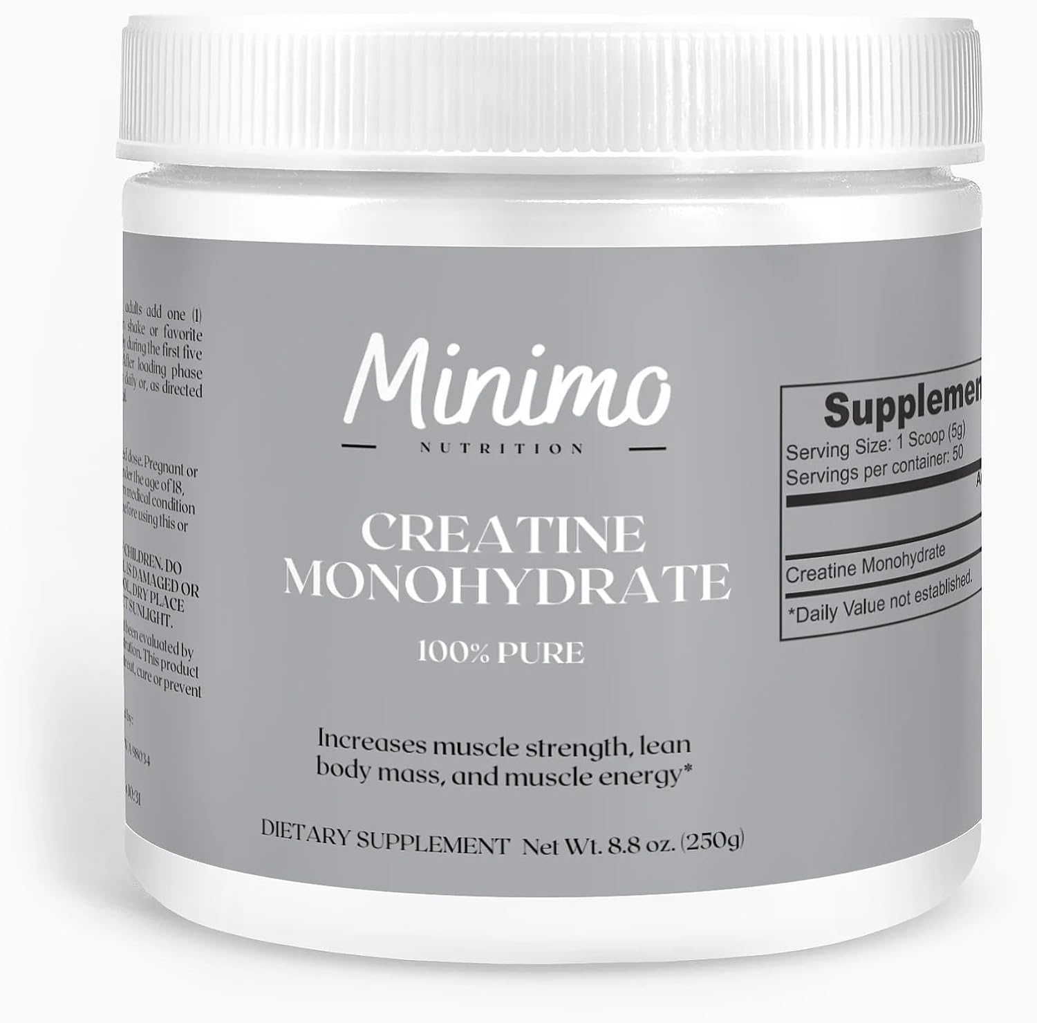 Minimo Nutrition, Monohidrato de creatina en polvo, 5000 mg por porción, 50 porciones, 100% puro, apoya la energía y la fuerza muscular, 8.8 onzas