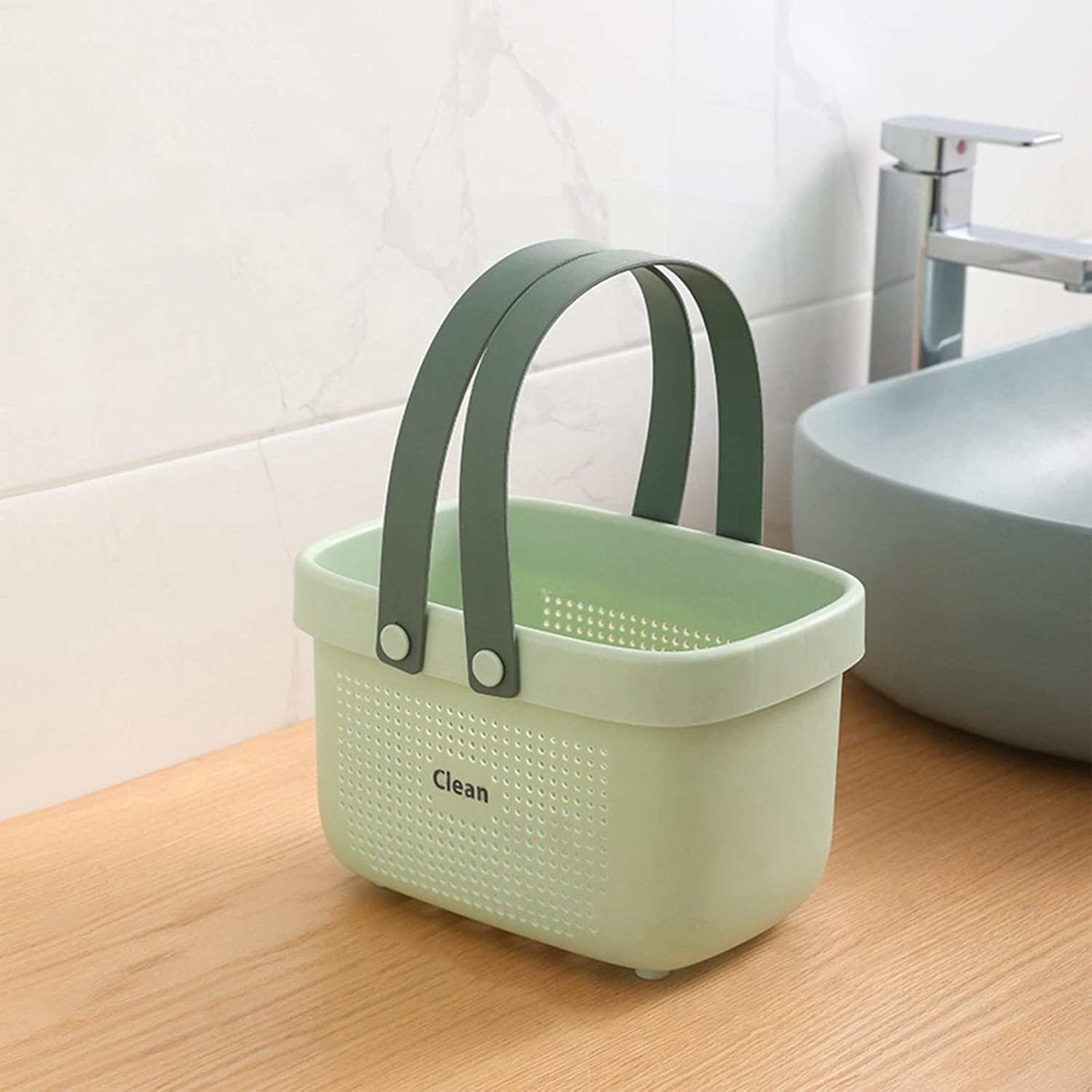 Cesta de almacenamiento de plástico para baño, portátil, con asas, cesta para baño, despensa, cocina, dormitorio universitario, campamento (verde 10