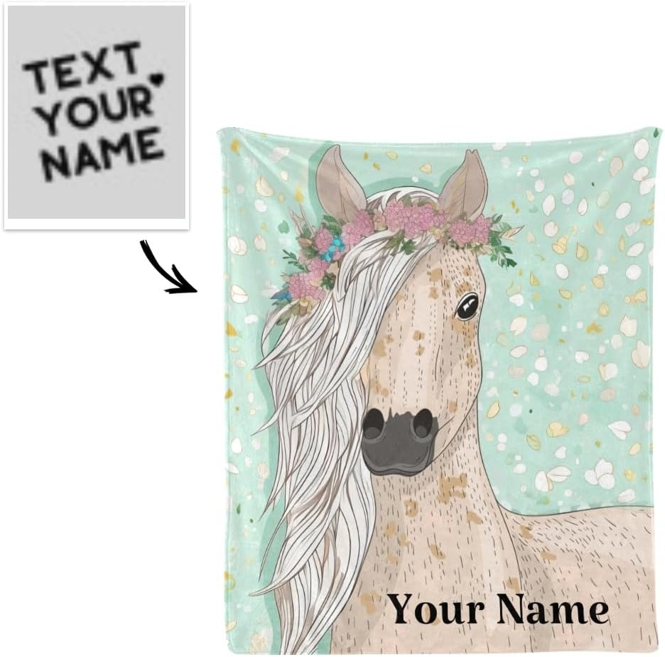 Manta personalizada con texto de nombre, divertida manta de forro polar súper suave con diseño floral de caballo para sofá, cama (50 x 60 pulgadas)