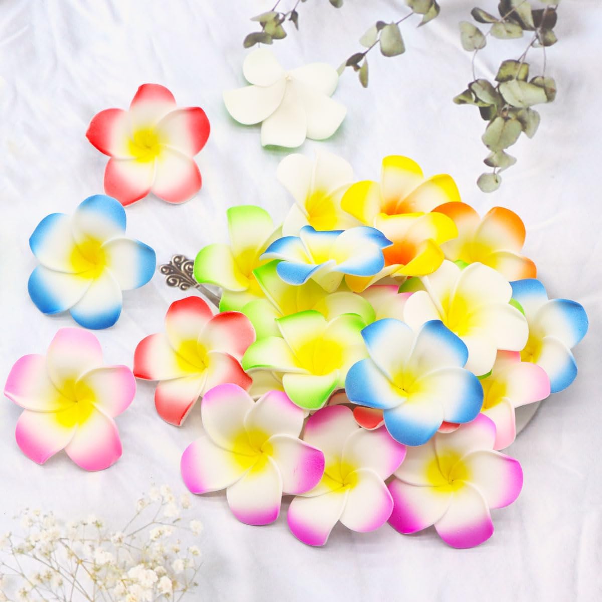 40 piezas de 1.6 pulgadas de espuma artificial hawaiana de plumeria para el cabello, decoración de playa para novia, boda, fiesta, playa, 4 colores
