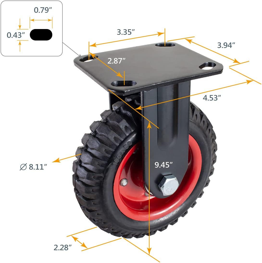 POWERTEC 17053 – Rueda industrial fija de alta resistencia, banda de rodadura de goma de 8 pulgadas, color negro y rueda industrial giratoria de
