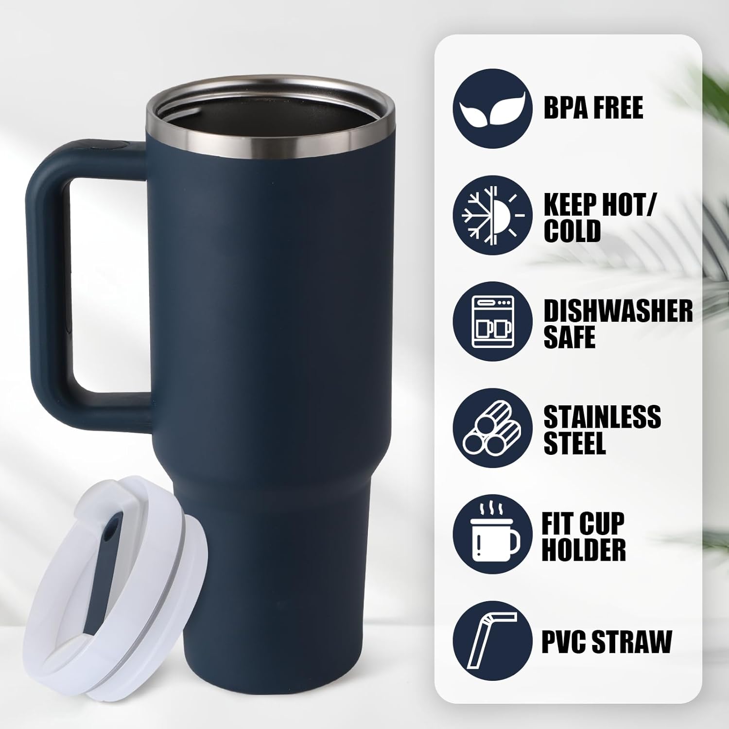 Boderi Vaso de 40 onzas con asa y pajita, vaso de acero inoxidable con tapa y tapa de pajita, taza de café aislada al vacío de doble pared, taza de