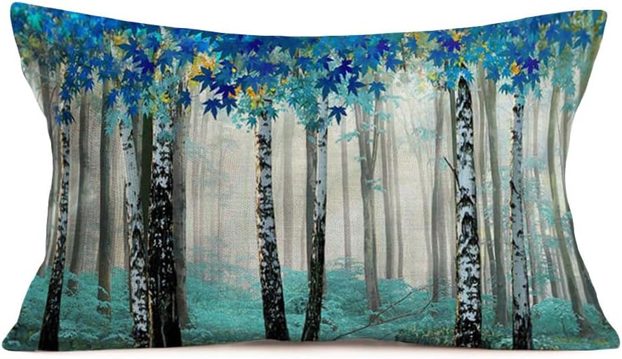 Funda de almohada lumbar de 12 x 20 pulgadas, fundas de almohada rectangulares azules con diseño de árbol de abedul, pintura al óleo de acuarela,