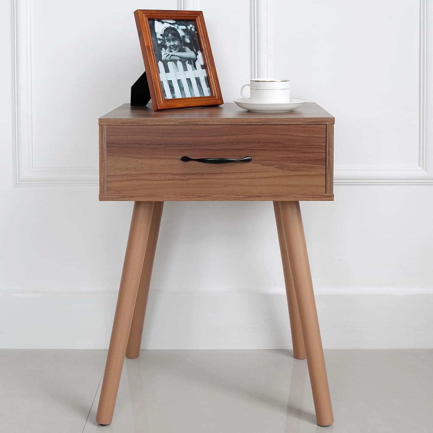 Cloud Space Mesita de noche moderna de mediados de siglo, mesa auxiliar de madera para sala de estar, mesa auxiliar de cama de nogal, mesita de