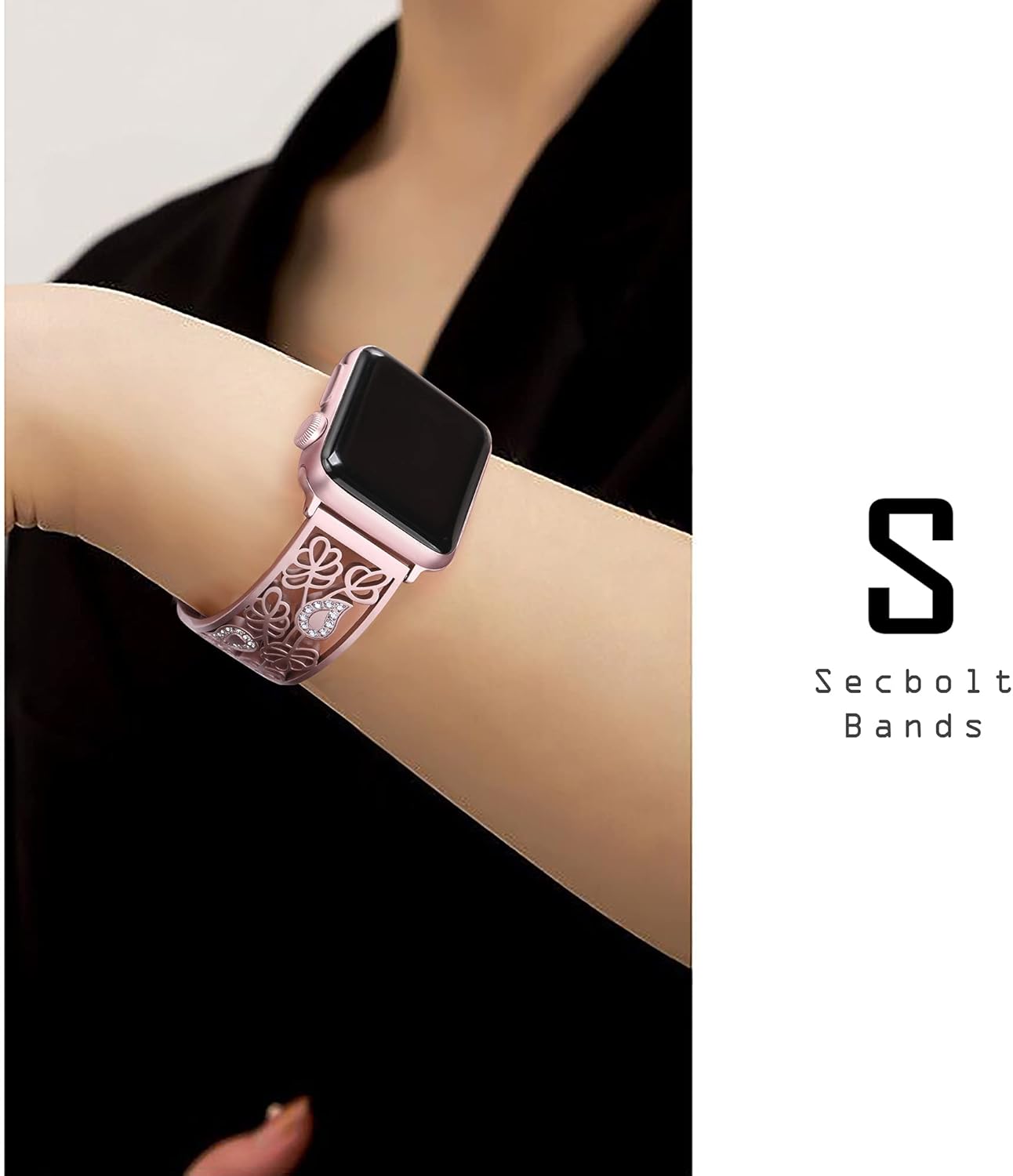 Secbolt Correas brillantes de flores talladas compatibles con Apple Watch Band 1.496 in 1.575 in 1.614 in 1.654 in 1.732 in 1.772 in iWatch Series