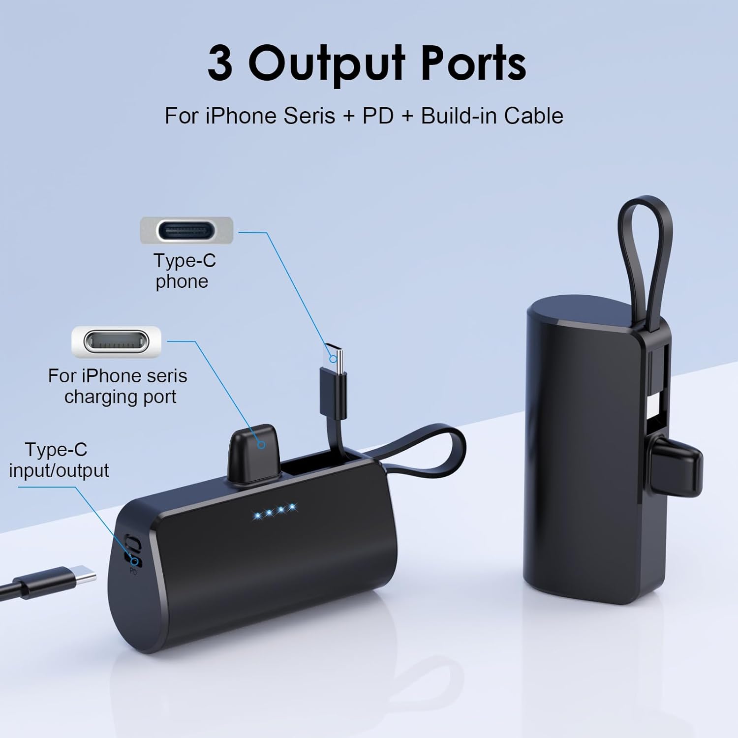 Paquete de 2 Cargador portátil pequeño de 5200 mAh para iPhone, cargador de batería PD 3.0A con cable integrado, mini batería USB C compatible con