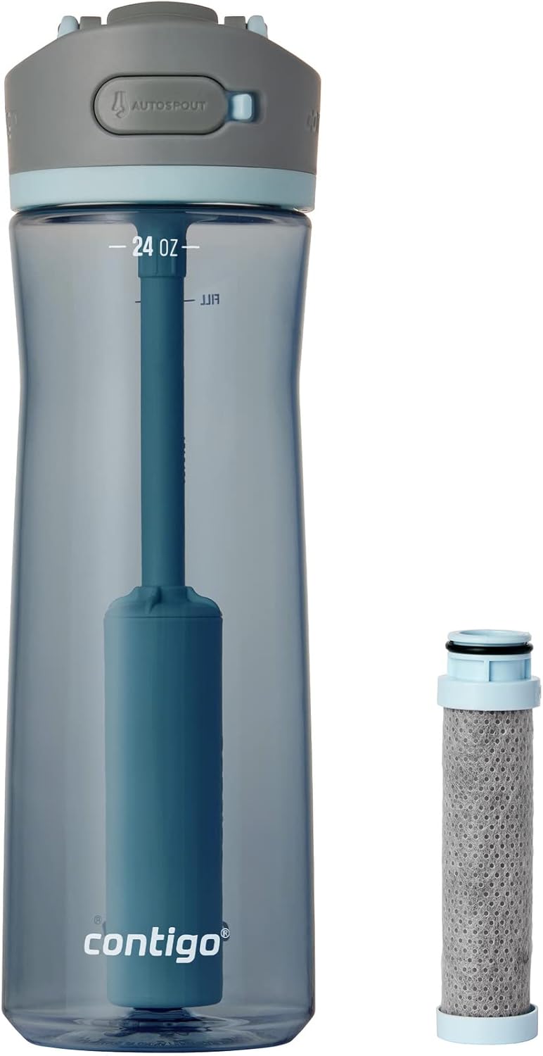 Contigo Wells – Botella de agua con filtro de plástico con tapa de popote a prueba de fugas y filtro de repuesto, botella de agua reutilizable de 24