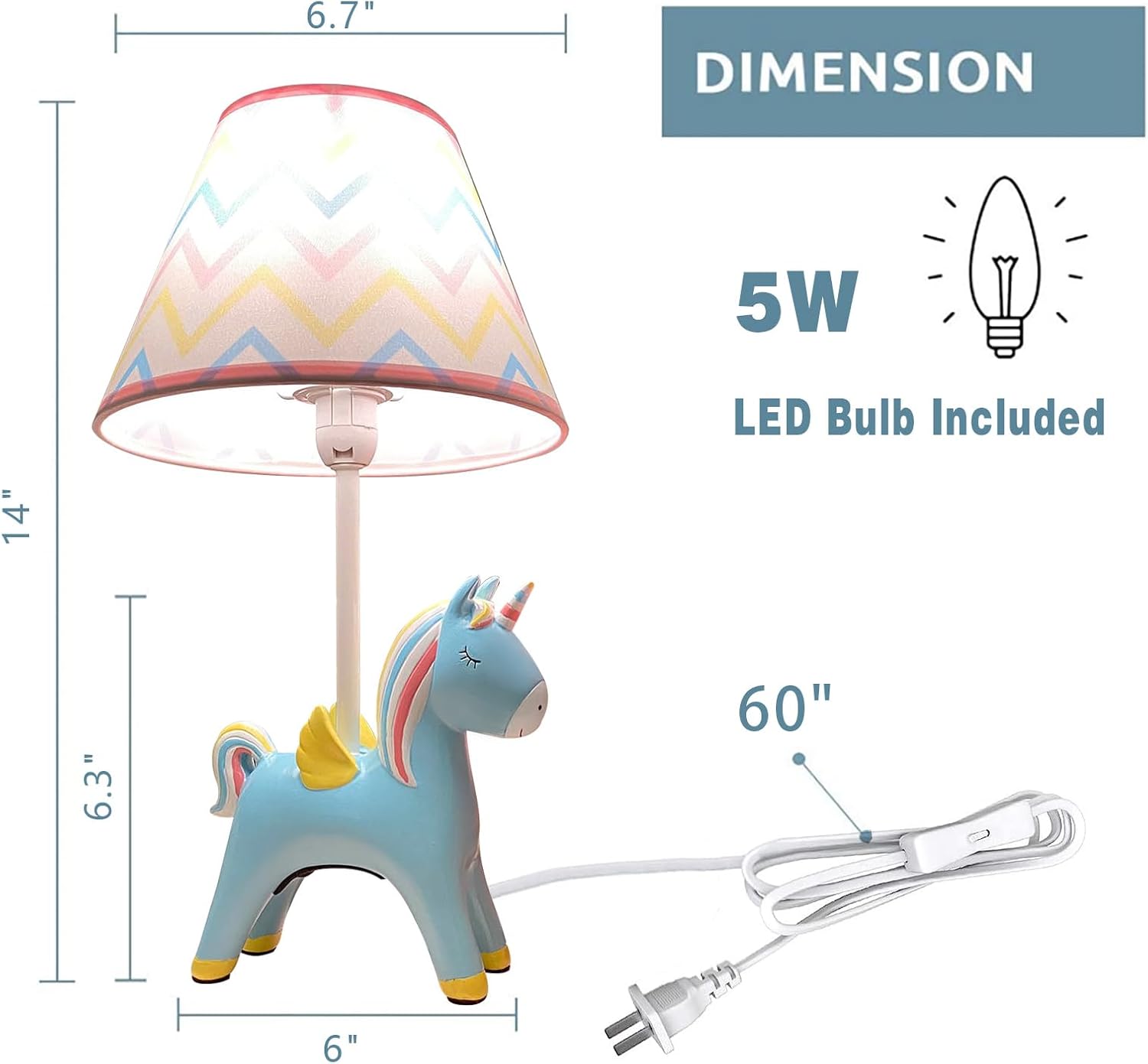 Lámpara de mesa, adorable lámpara de escritorio para niños, estilo unicornio de 13 pulgadas, lámpara de noche azul, ideal para decoración de