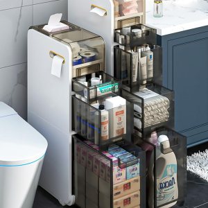 Organizador de armario de suelo de baño, soporte de papel higiénico de 4 niveles y tendencia de almacenamiento, gabinete de almacenamiento estrecho Organizador de armario de suelo de baño, soporte de papel higiénico de 4 niveles y tendencia de almacenamiento, gabinete de almacenamiento estrecho