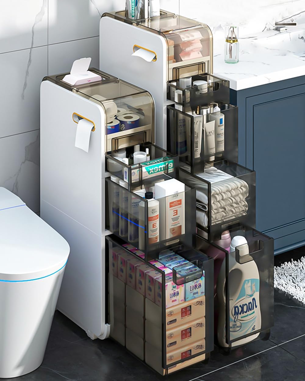 Organizador de armario de suelo de baño, soporte de papel higiénico de 4 niveles y tendencia de almacenamiento, gabinete de almacenamiento estrecho