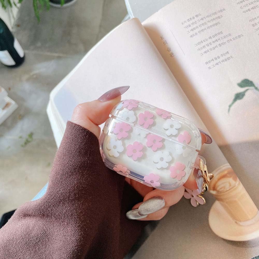 Faneiy Funda protectora para AirPods de 3 generación con llavero, bonita funda protectora para auriculares con diseño floral de flores rosadas, TPU