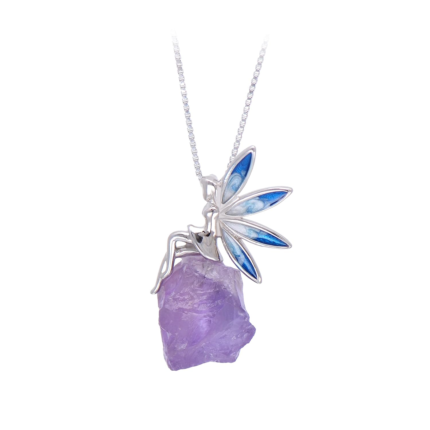 Paialco 925 Sterling Silver Fairy Sitting on Amethyst Rock Rough Stone Necklace for Women