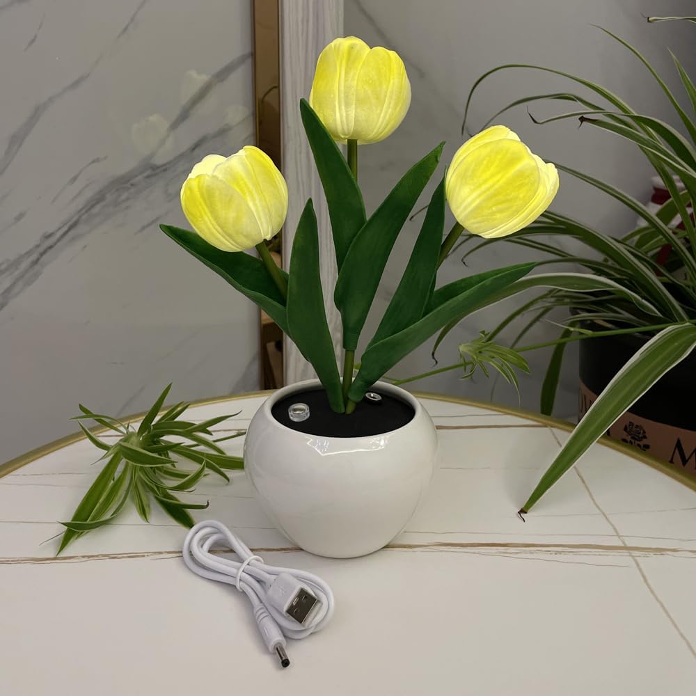 Lámpara de tulipán LED con flores artificiales, lámpara de mesa, luz nocturna, carga USB y atenuación para el hogar, sala de estar, dormitorio,