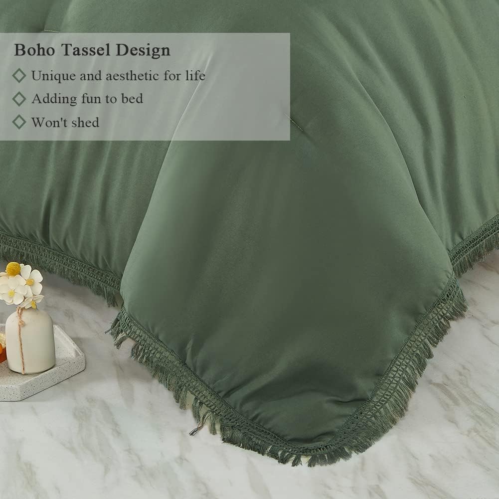 Juego de edredón verde bohemio tamaño King con borlas, juego de ropa de cama estético de 3 piezas de microfibra estilo desgastado y elegante, juego