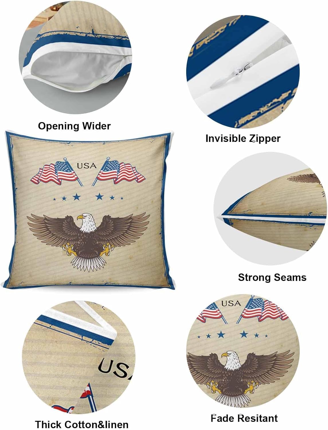 Paquete de 2 fundas de almohada decorativas de algodón, diseño patriótico de la bandera estadounidense, águila, 18 x 18 pulgadas, cuadradas,