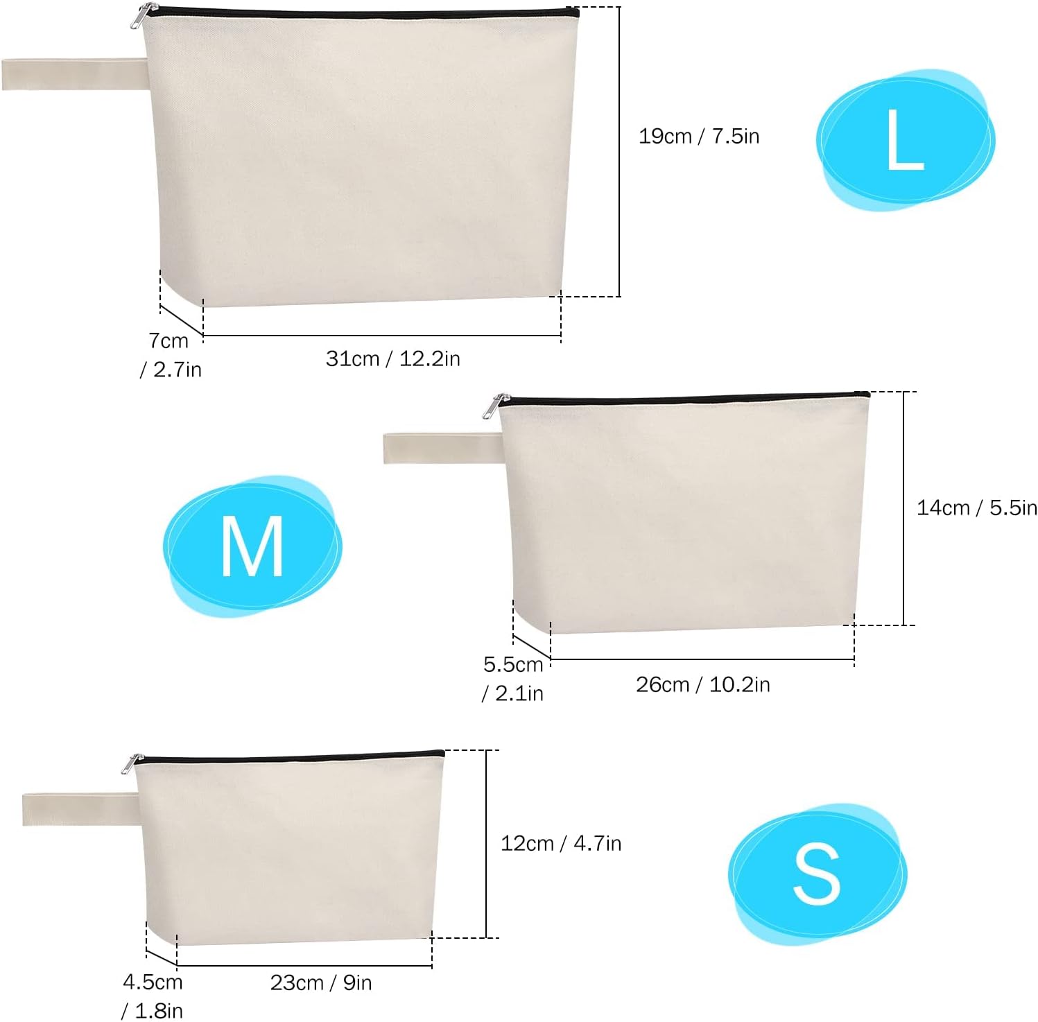 10 bolsas de maquillaje de lona de algodón con parte inferior y correa, bolsa de cosméticos multiusos con cremallera, bolsa de aseo de viaje, bolsa