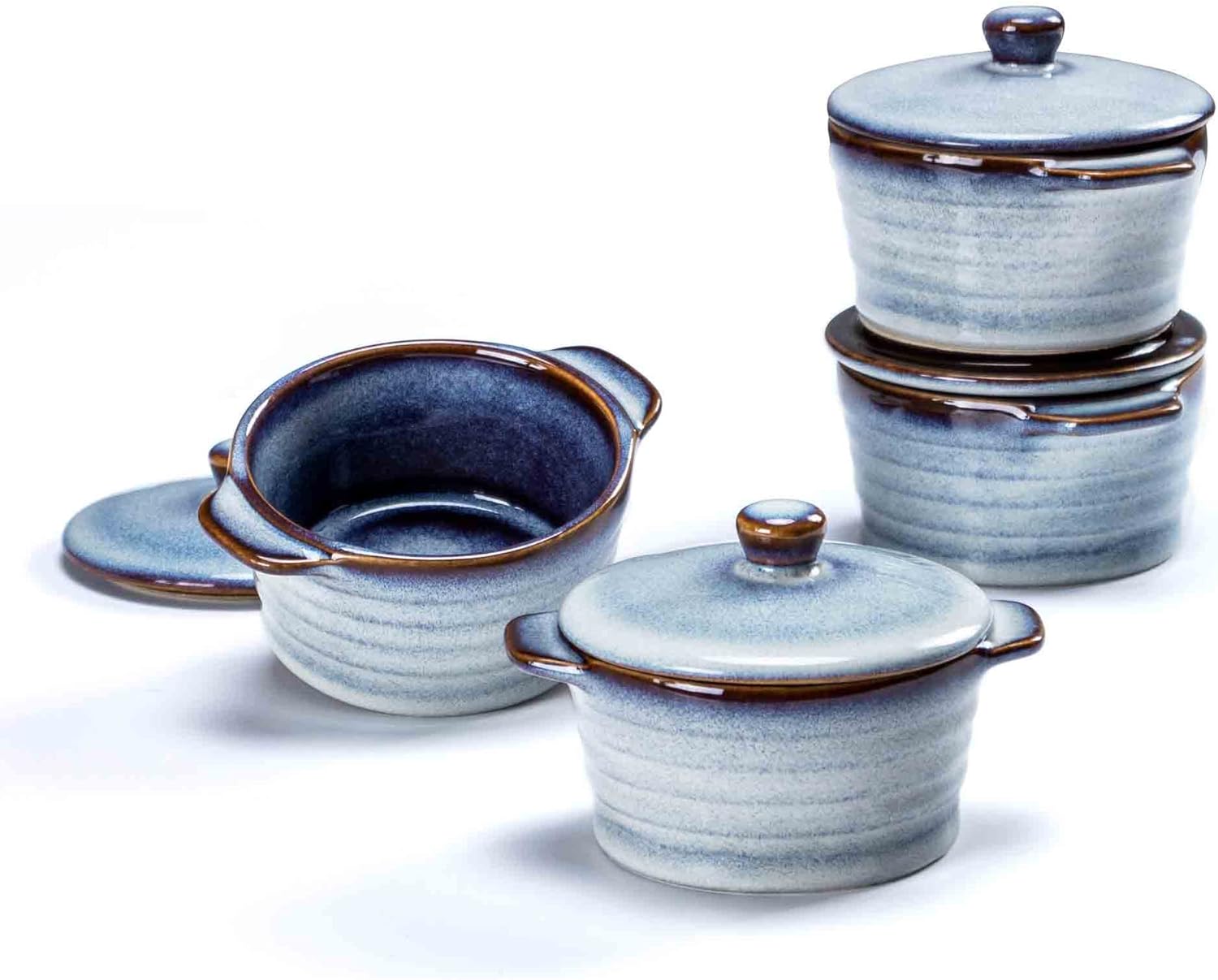 Henten Home Ramequines de cerámica de 8 onzas con tapa, mini cocotte de porcelana con asa, juego de 4, cazuelas de esmalte reactivo para hornear,