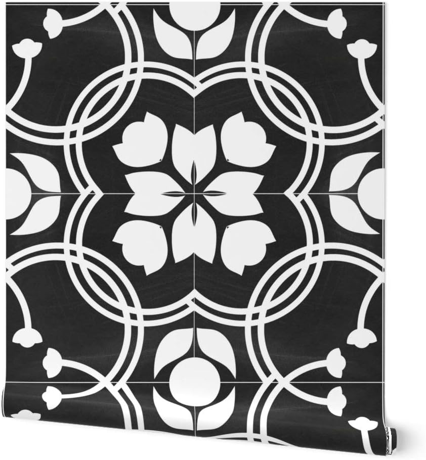 Spoonflower Muestras de papel tapiz para despegar y pegar, azulejos modernos de granja tradicionales, azulejos españoles tradicionales negros y