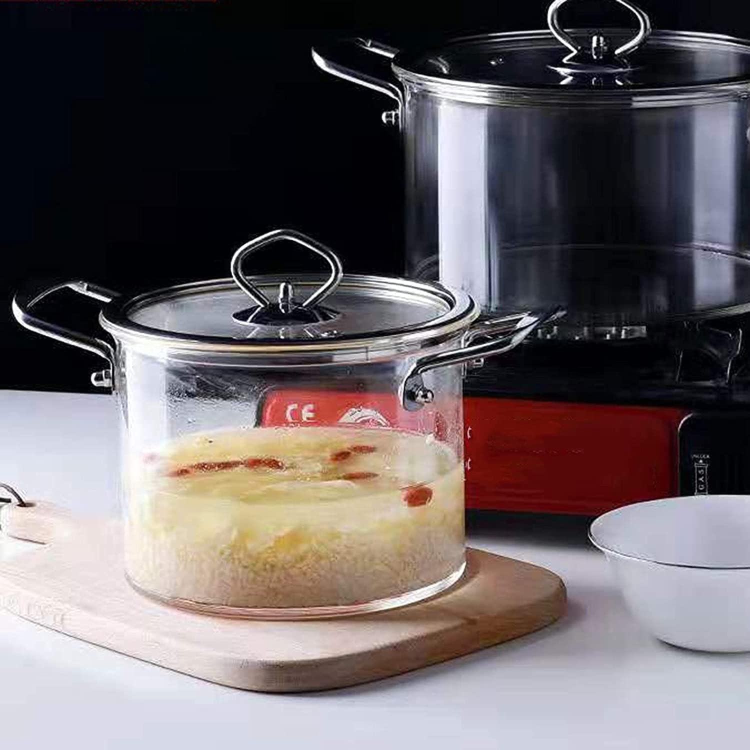 Cacerola de vidrio resistente al calor, olla de cocina de borosilicato transparente con tapa y asa, olla antiadherente para fideos y chocolate